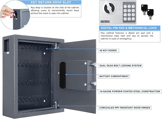 DuraBox 40 Keys Cabinet with Digital Lock - Electronic Key Safe, Steel Lock Box with Drop Slot for Key Returns and Safe Storage - Wall Mountable Key Lock Box with Bolts, Key Tags (Dark Grey)