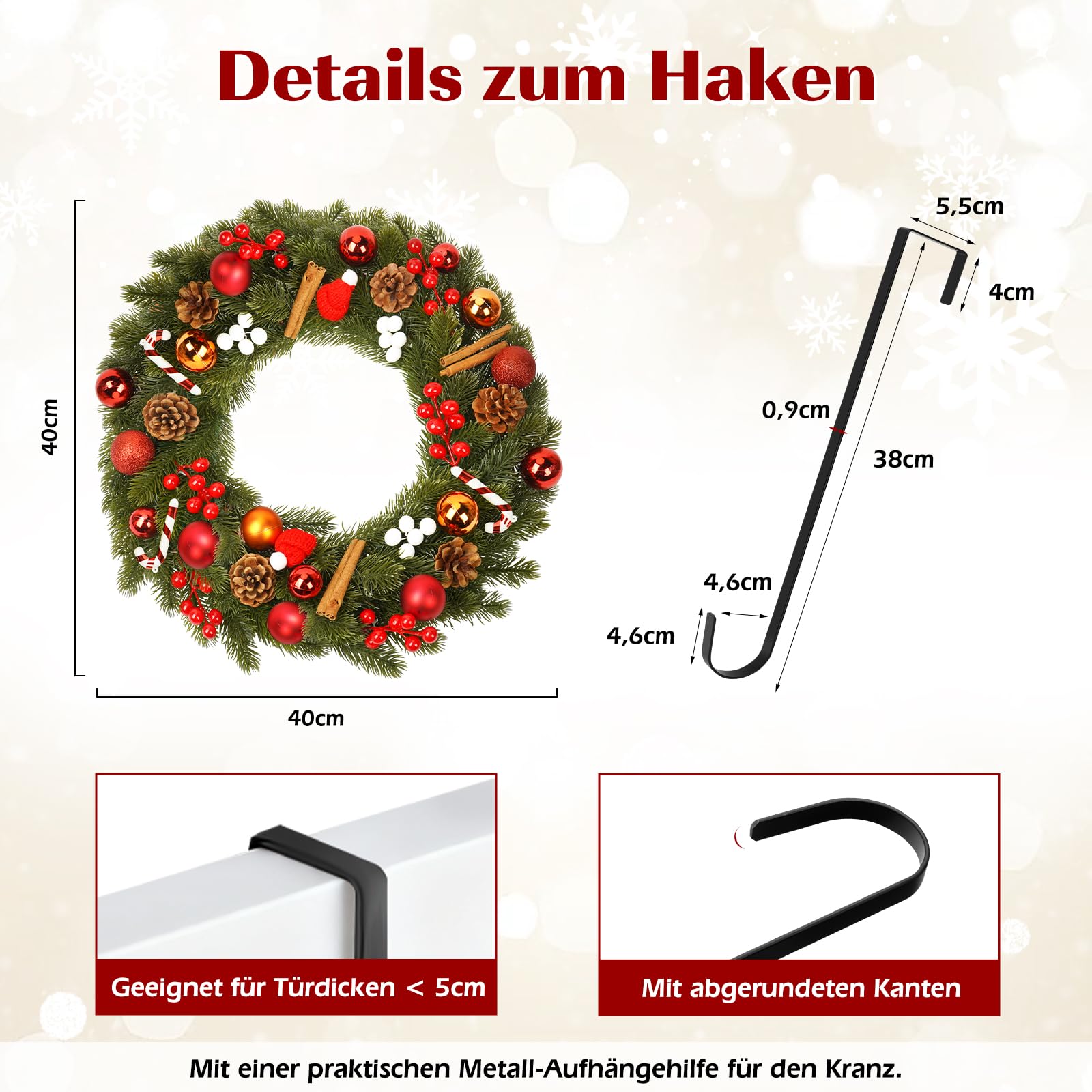 Türkranz Weihnachten 40cm, Adventskranz Künstlich, Weihnachtskranz Haustür mit Haken aus Metall, Weihnachtstürkranz mit Weihnachtskugeln Weihnachtsdeko, Hängekranz aus PVC für Innen und Außen