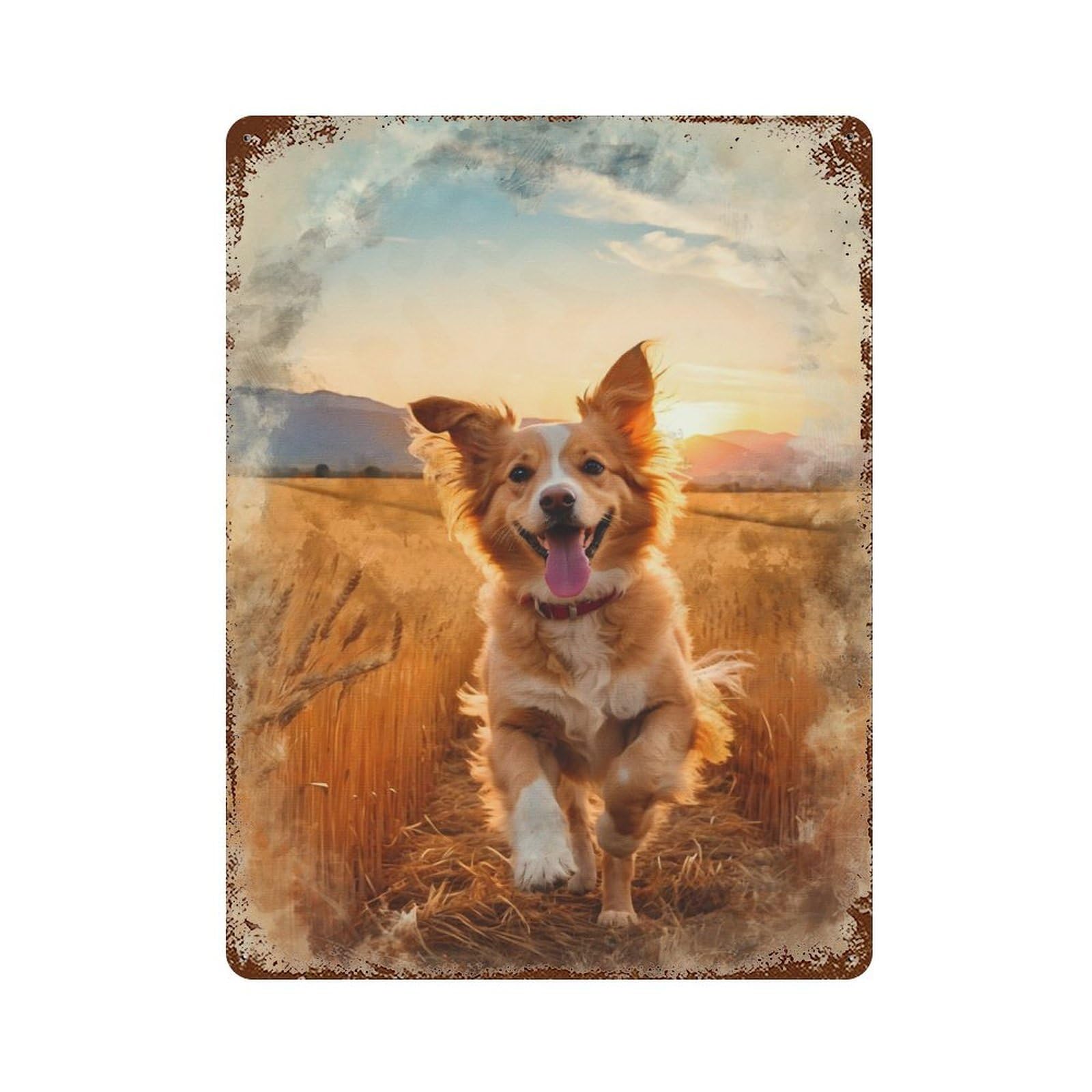 Joyful Bound Through Golden Fields 15.7"x11.8" Rust Effect Tin Sign, Industrial Home Decor for Living Room, Hallway And Home Decor