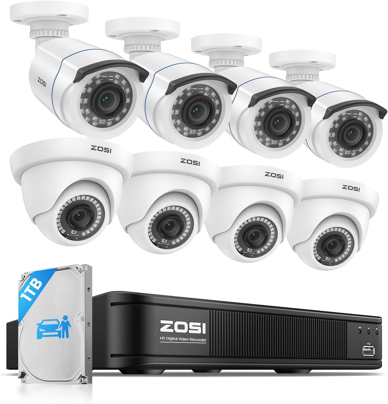 ZOSI 3K Lite Home Security Camera System with AI Human Vehicle Detection, H.265+ 8CH CCTV DVR and 8 x 1080p Wired Outdoor Indoor Bullet Dome Cameras, Remote Access, Alert Push (1TB Hard Drive)