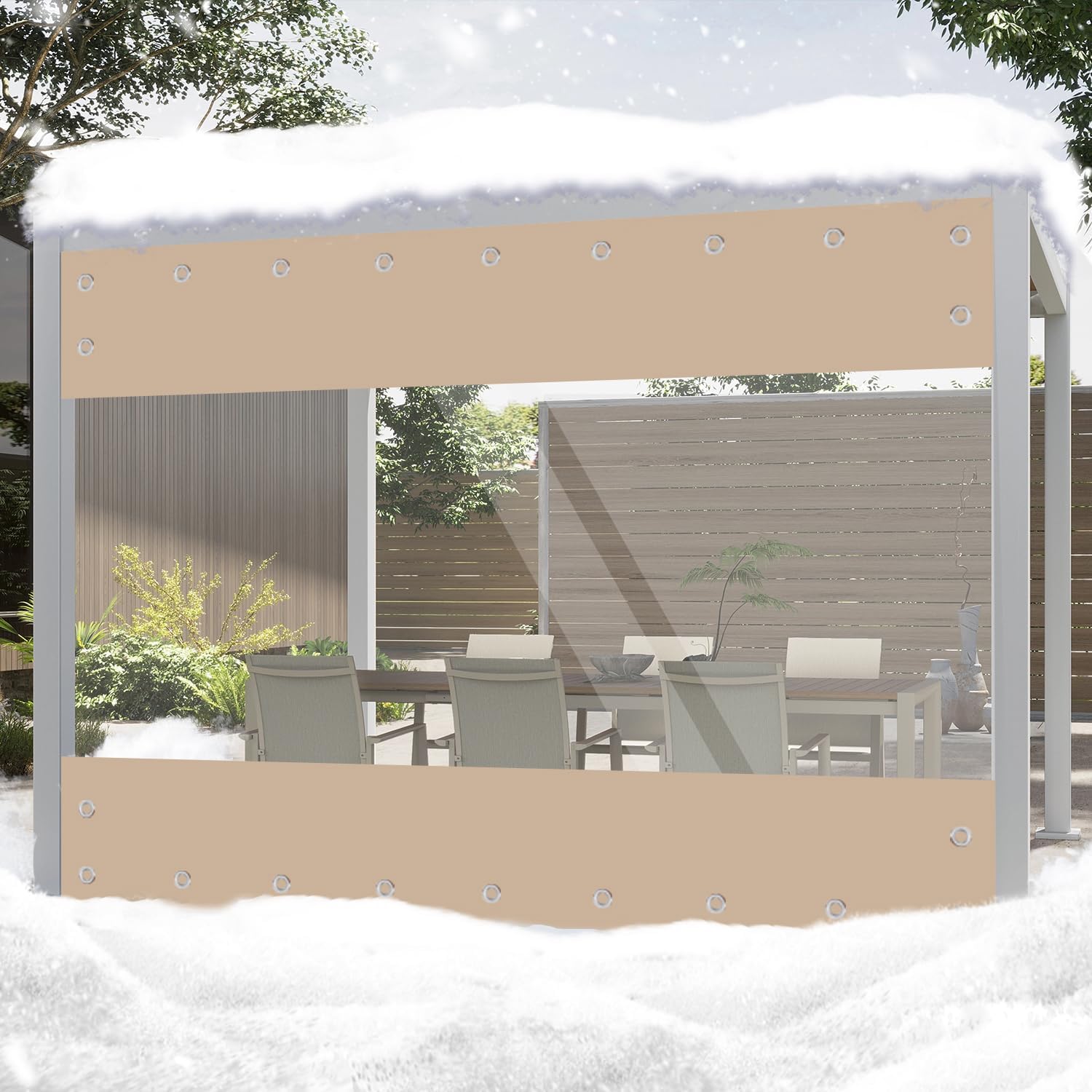 ele ELEOPTION (7ft High x 10ft Width) Vinyl Curtains for Patio, Outdoor Clear Panel Curtain Patio Enclosure Waterproof PVC Tarps with Grommets for Pergola, Balcony, Porch, Gazebo Khaki
