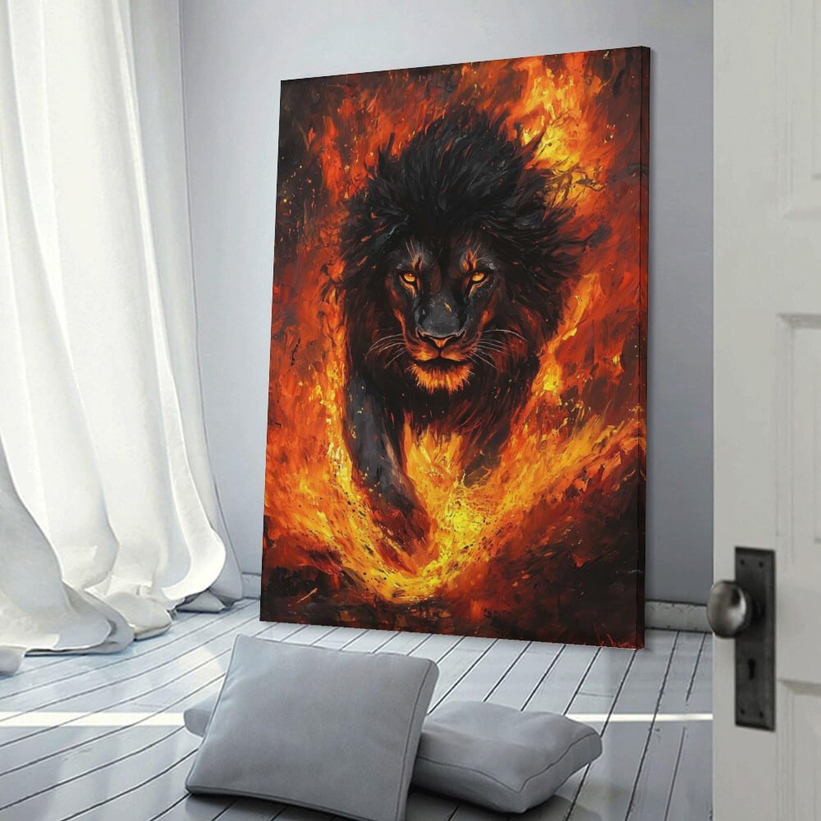 Junmoney Black Lion Emerging Flames Canvas Wall Picture, 12x18inch(30x45cm), for Wall Displays, Bedrooms Or Room Updates, Wall Decor Suited to Curated Displays
