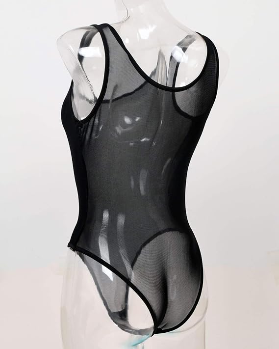 Ypser Women's Sheer Bodysuits Sleeveless One Piece Lingerie See Through Mesh Jumpsuit Tops