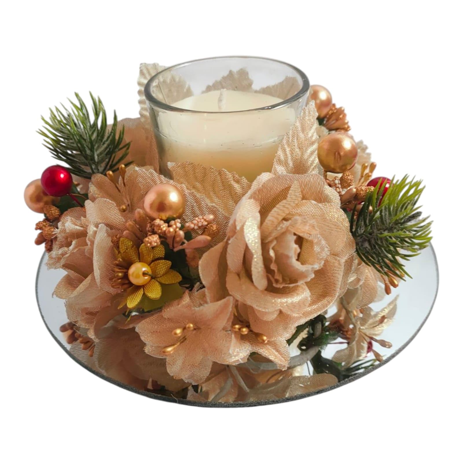 Florgance Decorative Artificial Flower Arrangement with Fragrant Candle Table Centerpiece in Ivory Roses and hints Red and Golden Globe Accents,Home Decor, Festive & Wedding Decor &Gifting-image-2
