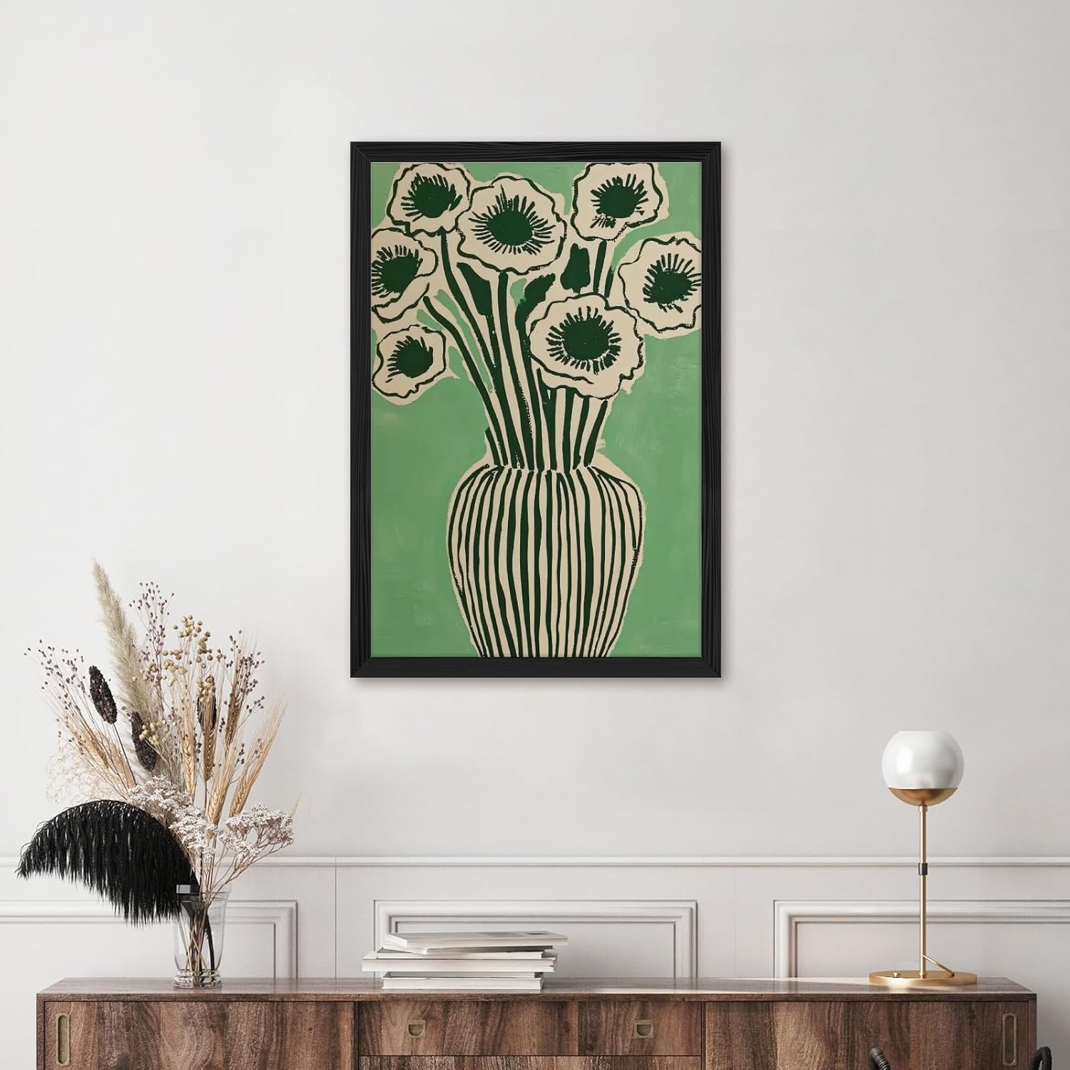 Abstract Flower Canvas Wall Art Green Floral Art Poster Bouquet in Vase Painting Minimalist Botanical Prints Vintage Home Picture Decor for Living Room Bedroom Kitchen 12x18inch Black pvc frame