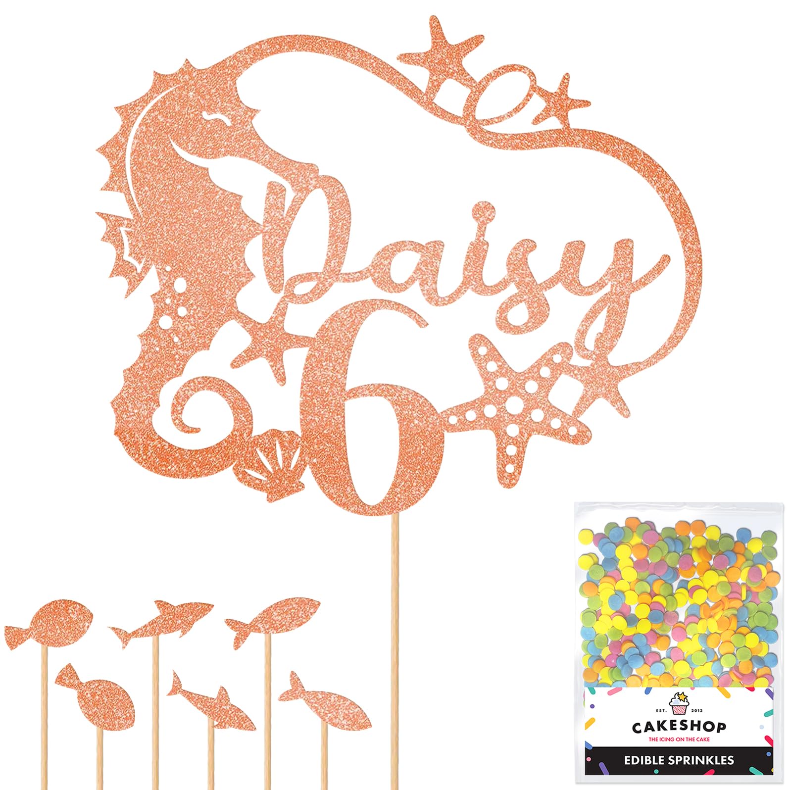 Personalised Birthday Seahorse Glitter Cake Topper- Rose Gold Any Custom Age & Name Glitter Cake Decoration and Sprinkles - Happy Birthday Decorations - Personalised Toppers for Cakes by Cakeshop — image 1