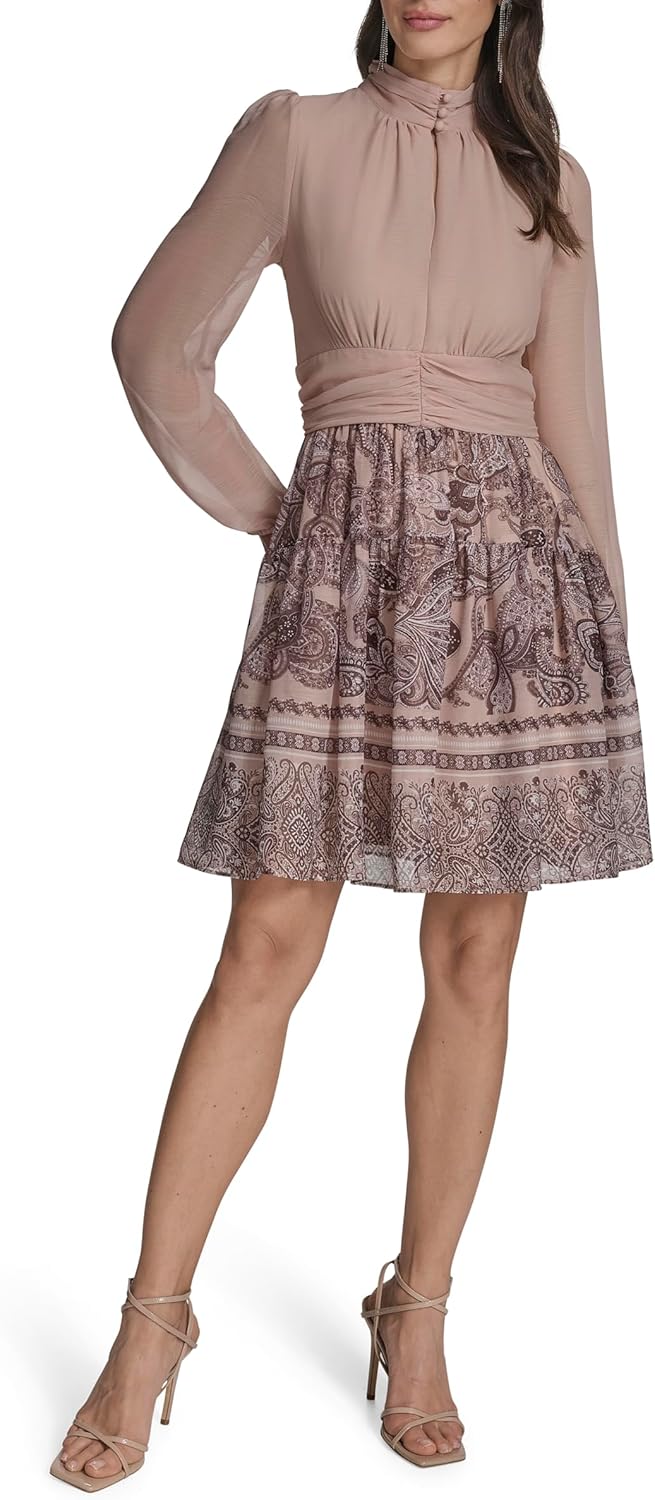 BCBG Womens Long Sleeve Mock Neck Blouson Chiffon A-line Mini Dress - Image 2