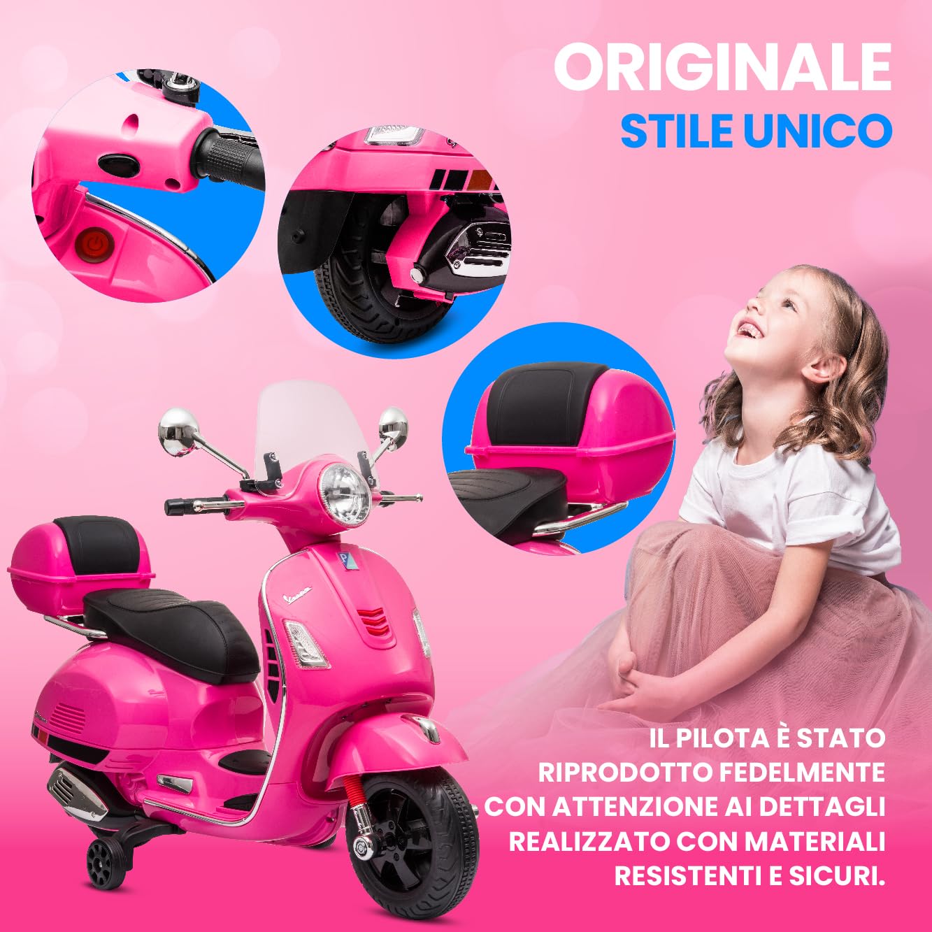 Moto elettrica per bambini Vespa, Motocicletta con ruote e sedile in plastica, bagagliaio, lettore MP3, presa AUX USD MicroSD (Fuchsia)