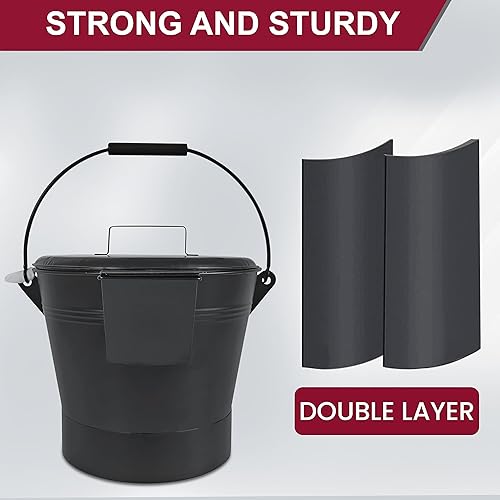 Miniatura 6 de Cubo de ceniza  Cubo de metal con pala escoba y guantes  para madera, carbón, brasas, cenizas, pellets, etc.  Cubo de ceniza con boquilla de vertido