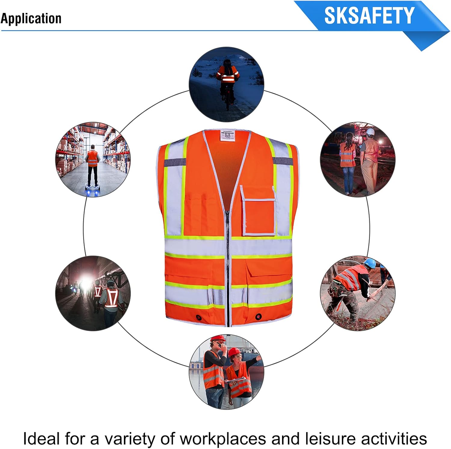 SKSAFETY 10 Pockets Safety Vest, Class 2 High Visibility Security with Zipper, Hi Vis Vest with Reflective Strips, ANSI/ISEA Standard, Construction Work Vest for Men ＆ Women （Orange, L） - Image 8
