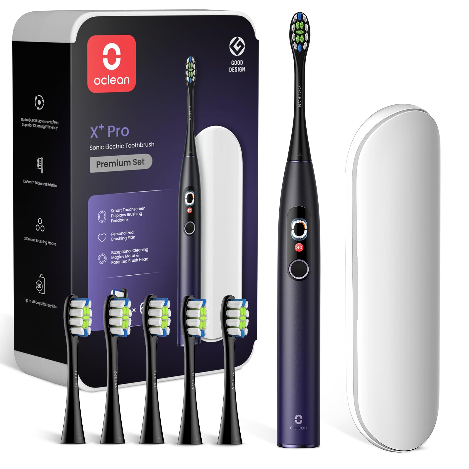 Oclean X Pro Set Brosse à dents électrique, 6 Brosettes et Étui de voyage, 3 Modes et Écran tactile intelligente, Suivi en temps réel, Autonomie 30 jours, Minuteur & Rappel, Set Violet