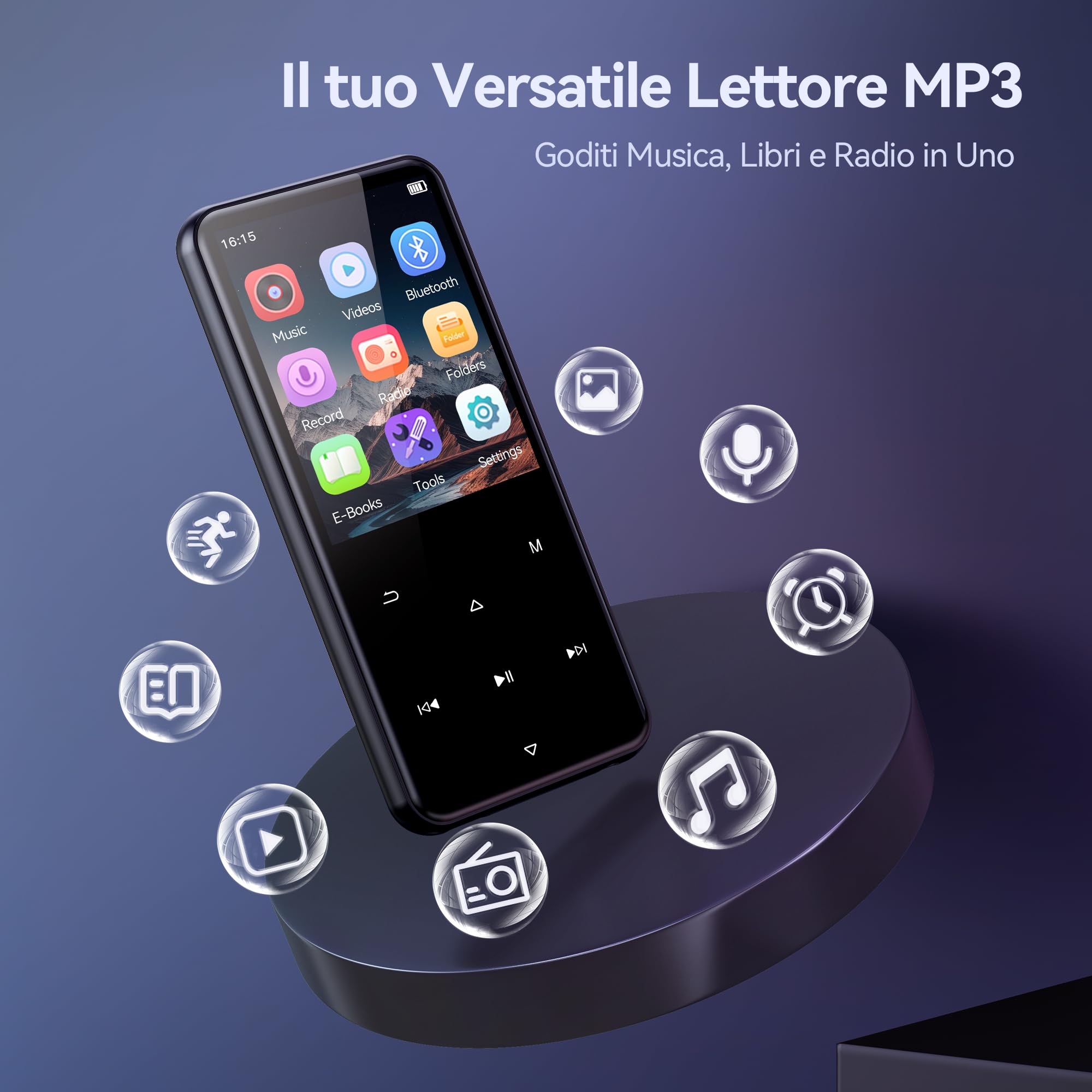 AGPTEK Lettore MP3 Bluetooth 5.3, Lettore Musicale da 64 GB in Metallo, Schermo da 2,4", Qualità Sonora HiFi, MP4 con Pulsanti Touch, Altoparlante, Radio FM, Registratore, 60 Ore di Musica - Nero