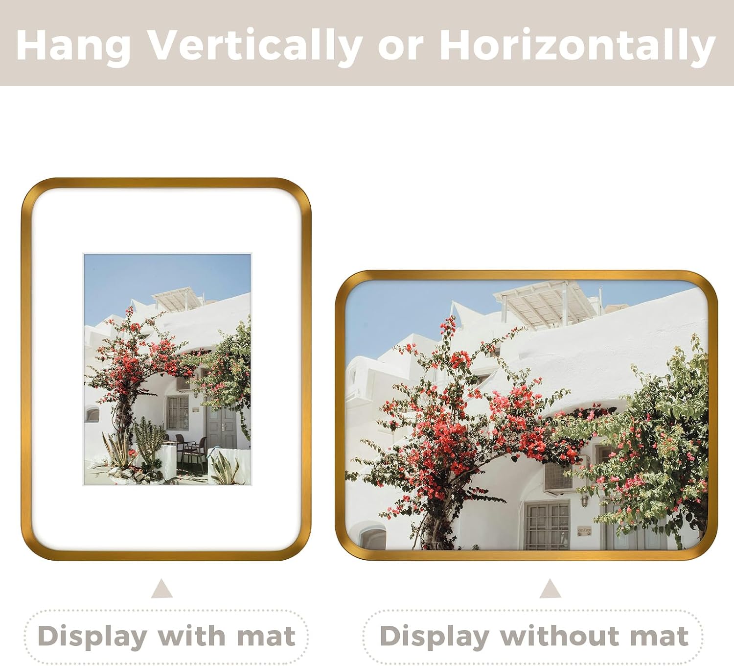Golden State Art 9x12 Aluminum Picture Frame Bronze Gold - With Mat for 6x8 Photo or Without Mat for Round Edges 9 x 12 Photo with 1-inch Radius Corner - Real Glass - Matte Modern Wall Decor