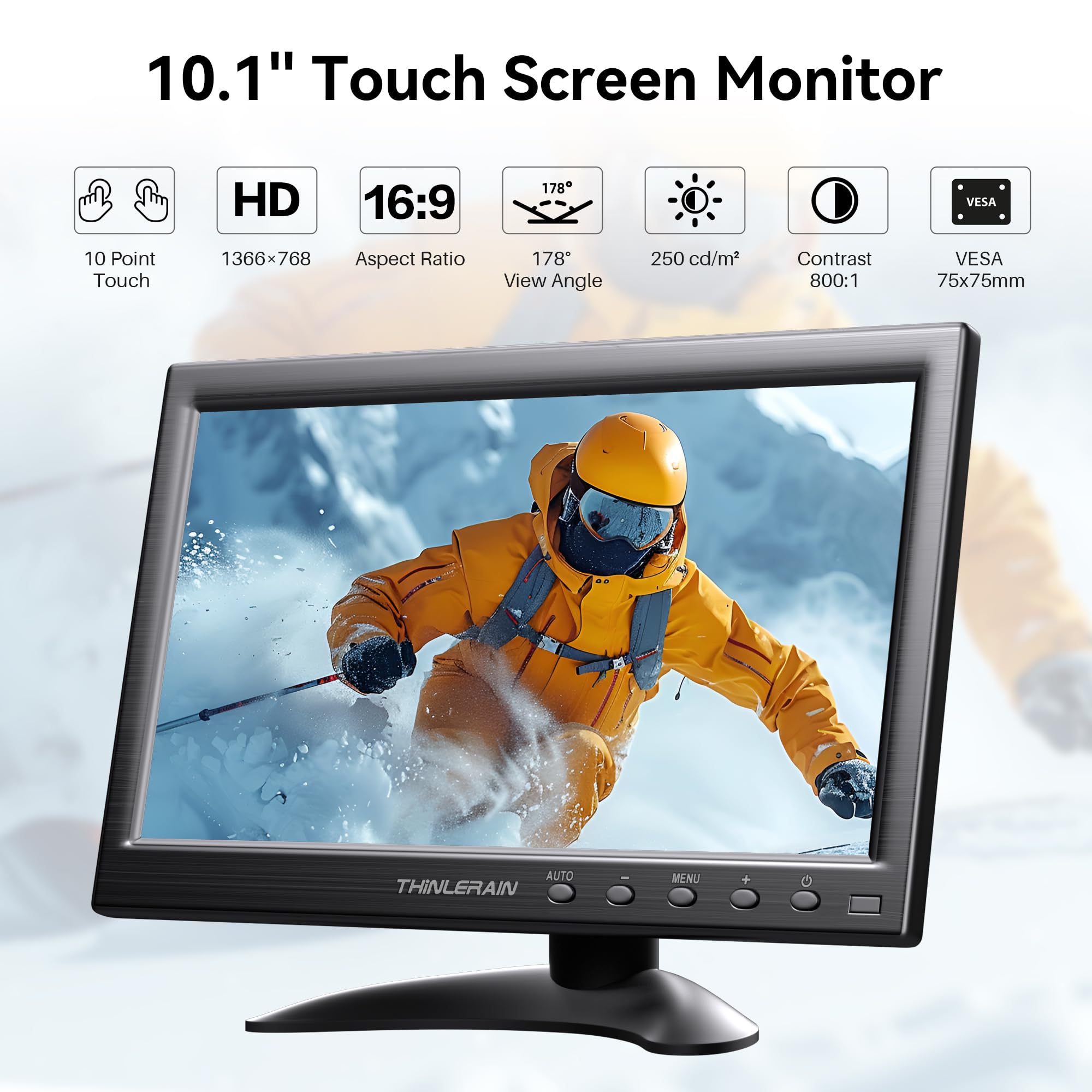 10,1 Zoll Touchscreen Monitor – 1366x768 HD IPS 16:9, HDMI/VGA/BNC/AV, eingebaute Lautsprecher, VESA 75x75 –Kleiner Monitor für PC, Raspberry Pi, Fire TV Stick, Küche, Auto, Überwachung