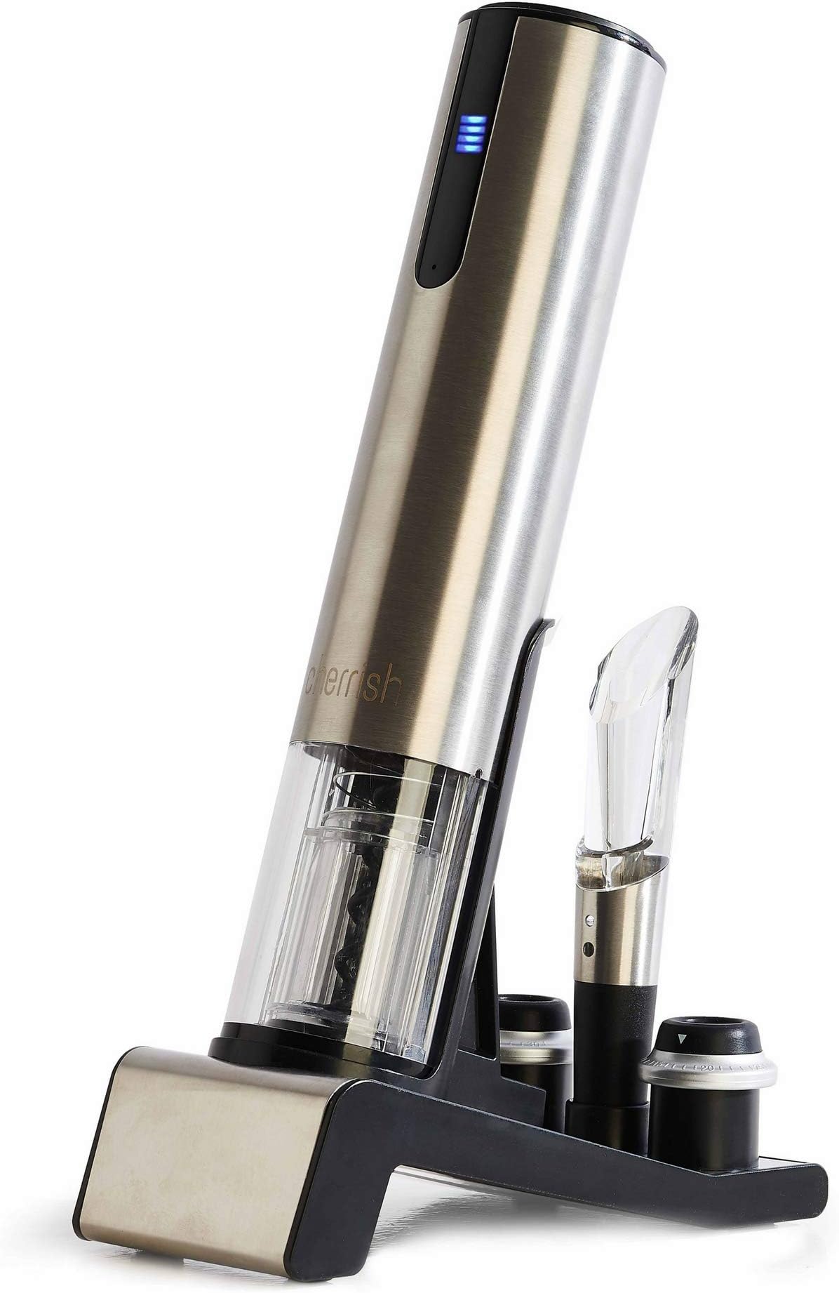 Mother’s Day Wine Gift Special - Electric Wine Bottle Opener and Preserver Set Includes 1 Wine Aerator, 2 Vacuum Bottle Stoppers, 1 Foil Cutter and 1 Charging Adaptor, by Cherrish