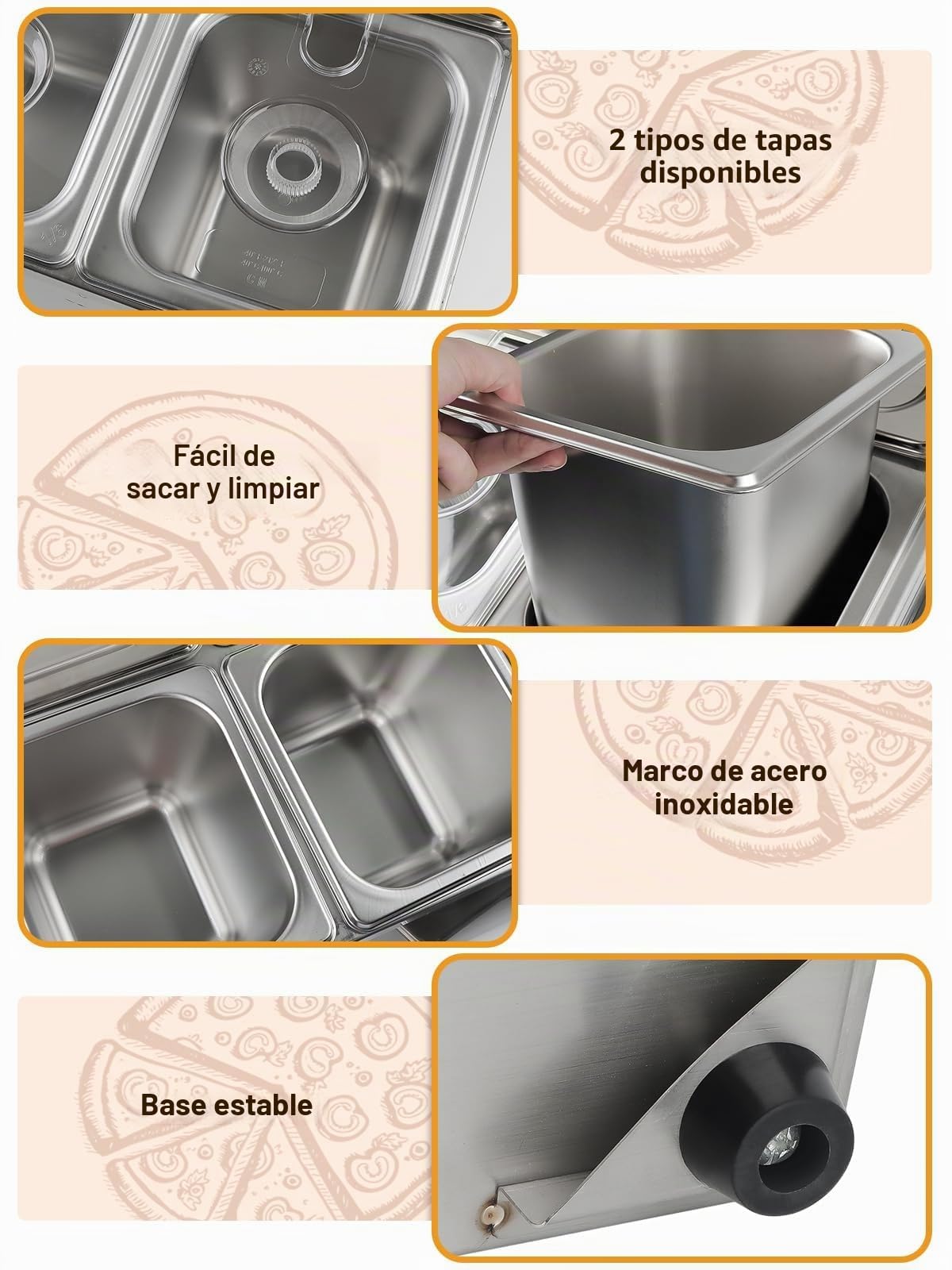 Kalolary - Juego de 6 cacerolas (2 filas de acero inoxidable, con tapas, cucharas, soporte inclinado, encimera, conjunto de contenedores buffet de frutas ingredientes cocina restaurante
