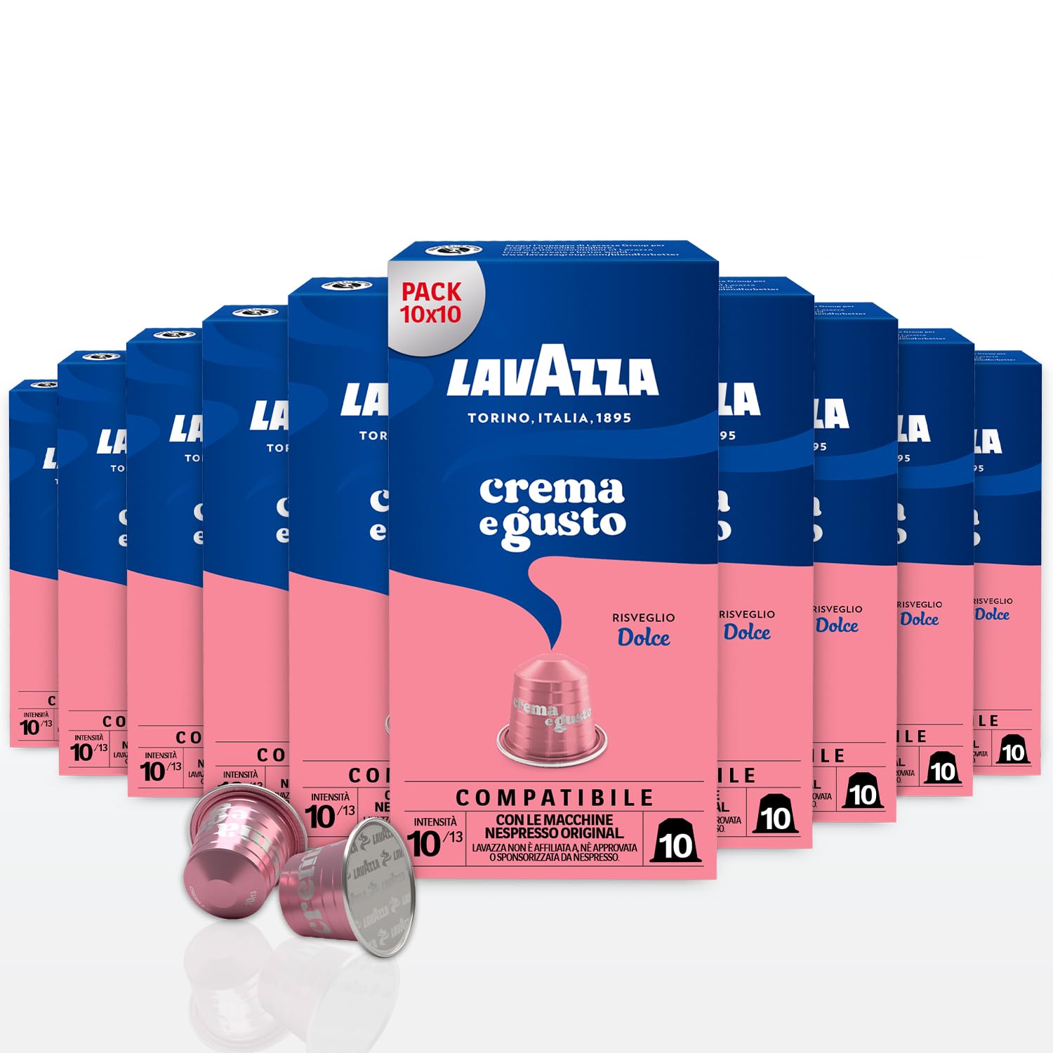 Lavazza Crema y sabor dulce, 100 cápsulas de café de aluminio compatibles con cafeteras Nespresso Original, notas aromáticas de frutas secas, arábica y robusta, intensidad 10, tostado medio, 10