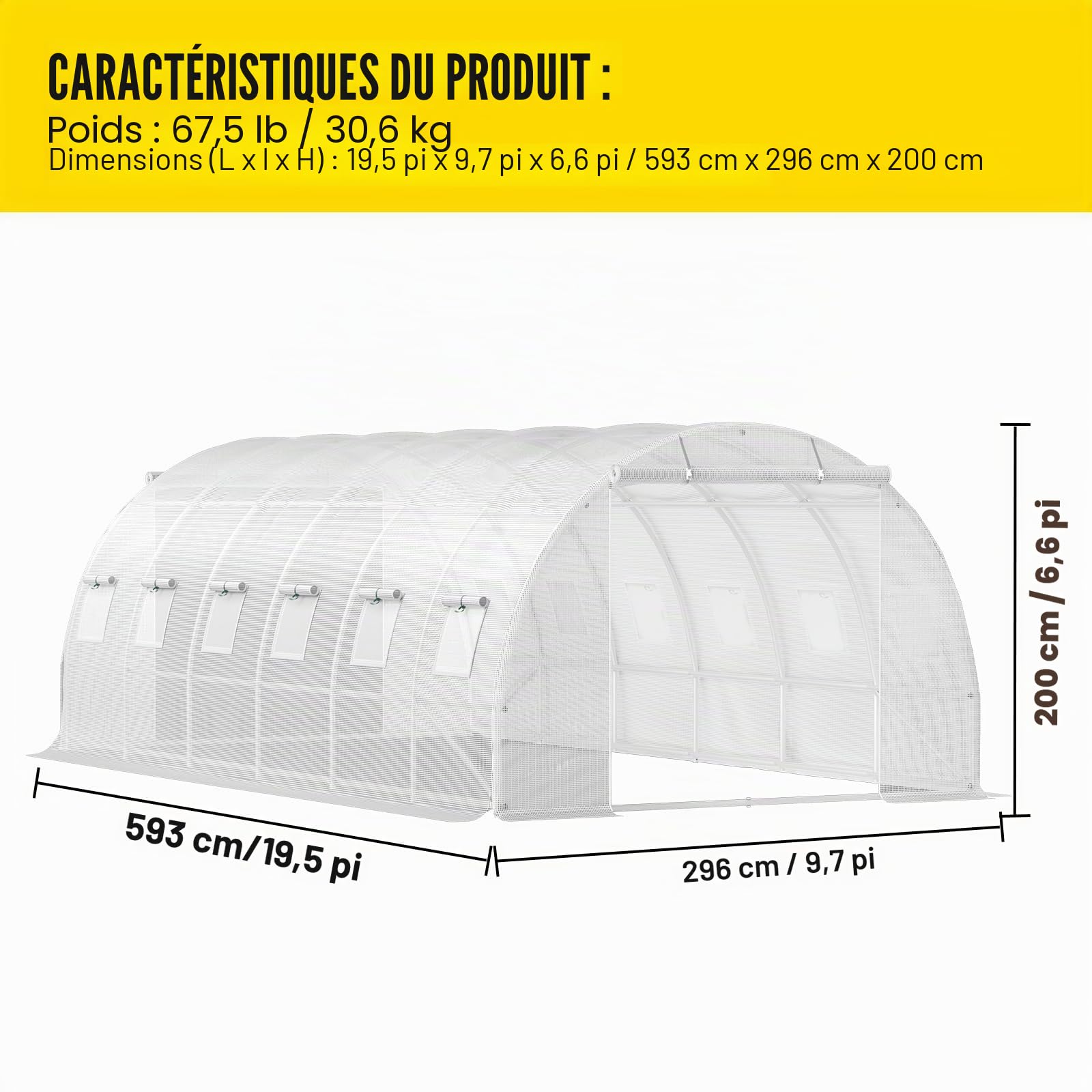 VEVOR Serre Tunnel Jardin 6,1x3x2,1 m Tente Abri Plantes Cadre en Acier Galvanisé Couverture Étanche PE 3 Poutres Supérieures 4 Poteaux Diagonaux 2 Portes 12 Fenêtres pour Cultiver Légume Fleurs Blanc