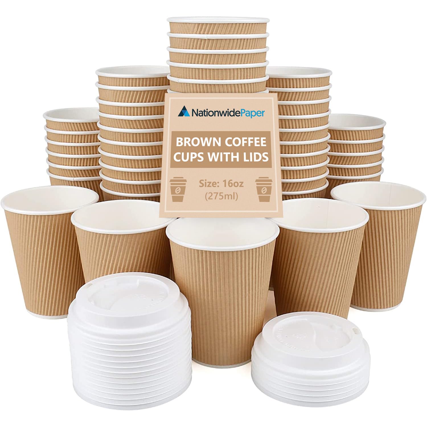 Nationwide Paper Coffee Cups with Lids 16oz (475ml) Brown Ripple Triple-Wall Insulated Disposable Cups for Hot Drinks, Takeaway Coffee, Tea and Espresso, Catering, Office and Events (Case of 400)