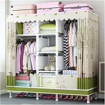 Metal Garment Rack Covered Clothes Rack with 2 Hanging Rods and Shelves Free Standing Closet Wardrobe with Fabric Cover for Bedroom Color Green, Size 160x45x172cm