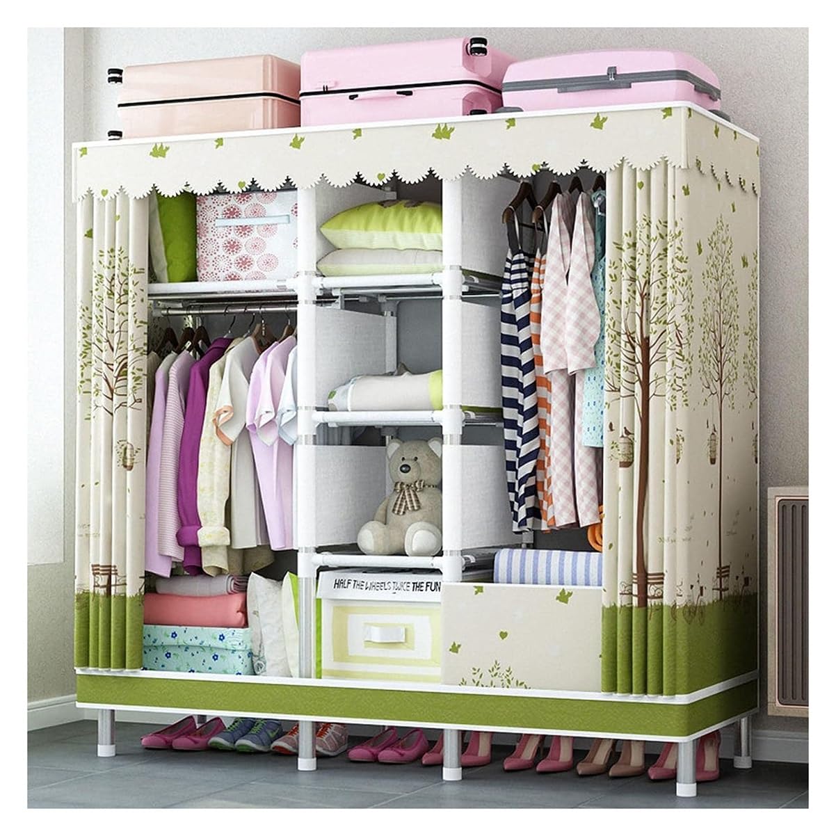 Meuble penderie sur pied en métal 145 cm avec housse verte de chambre