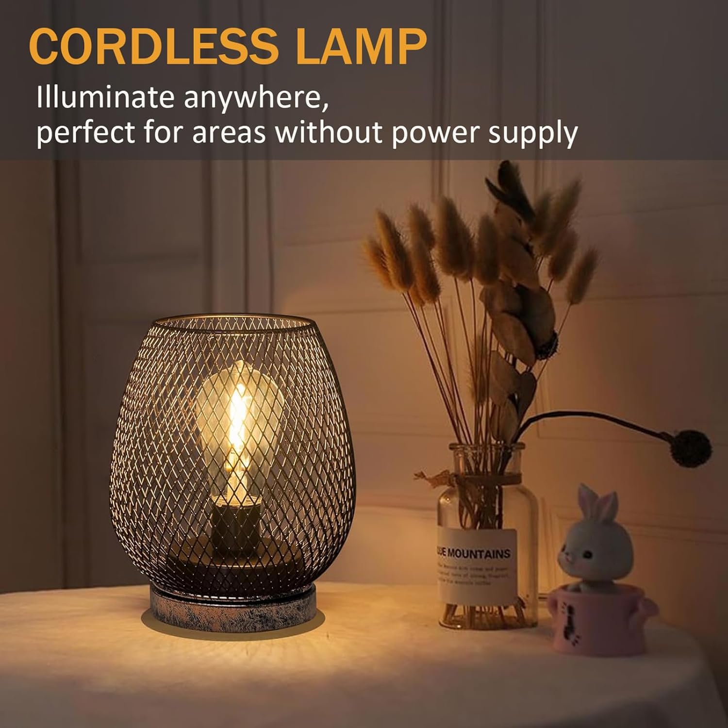 2 Pack Battery Operated Lamp Outdoor Table Lantern,Metal Cage Cordless Lamps with LED Bulb for Weddings Parties Patio Events Indoor Outdoor Patio Bedroom Living Room(Bronze)