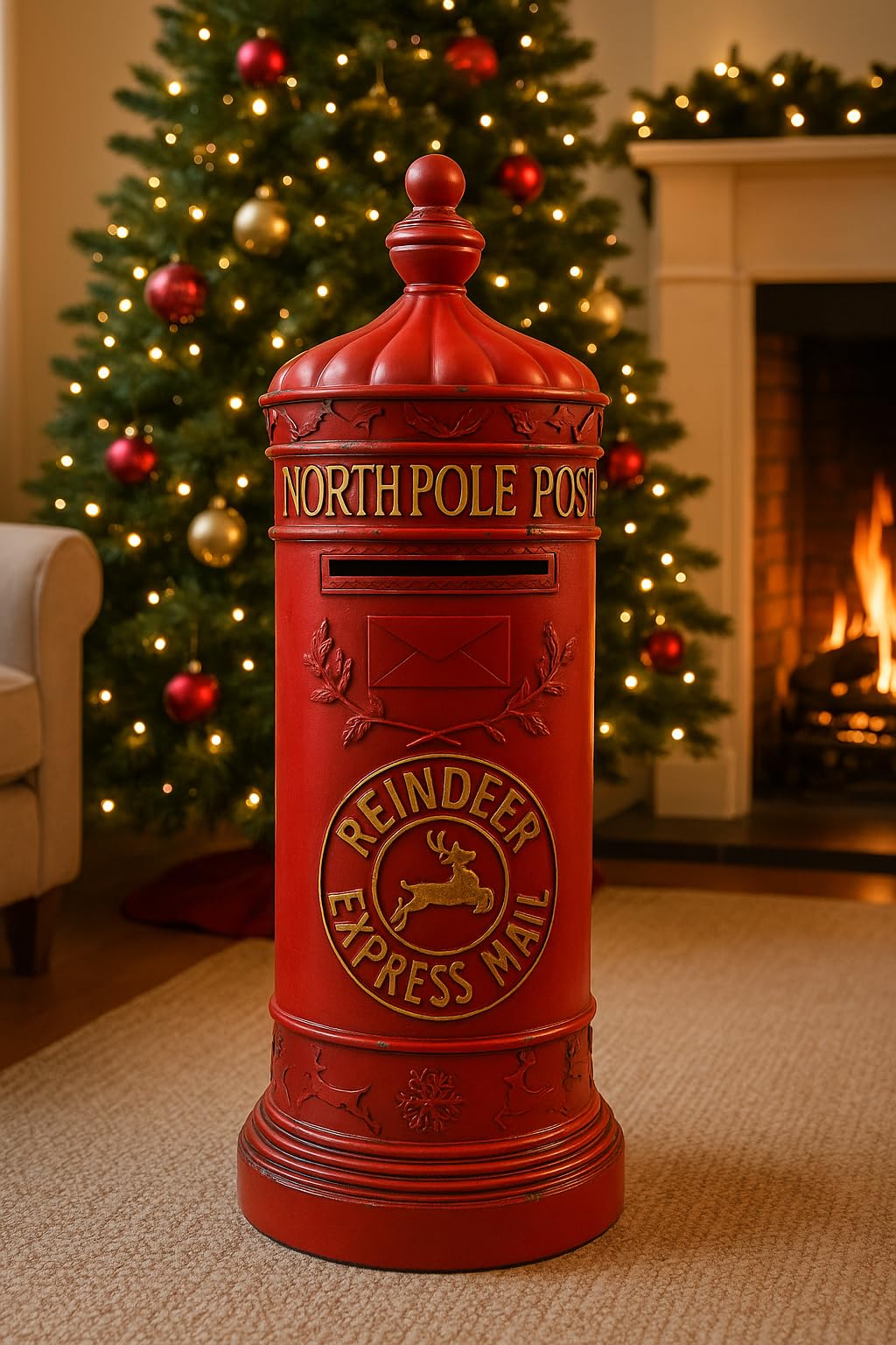 North Pole Christmas Post Box, 77cm Letters to Santa Reindeer Mail Decor
