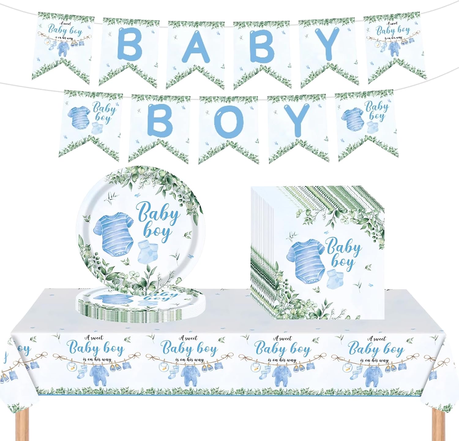 Baby Boy Shower Decorations Tableware Set, Disposable Plates Napkins, Tablecloth and Banner, for Baby Boy Baby Shower Decorations (Blue Tableware Set)