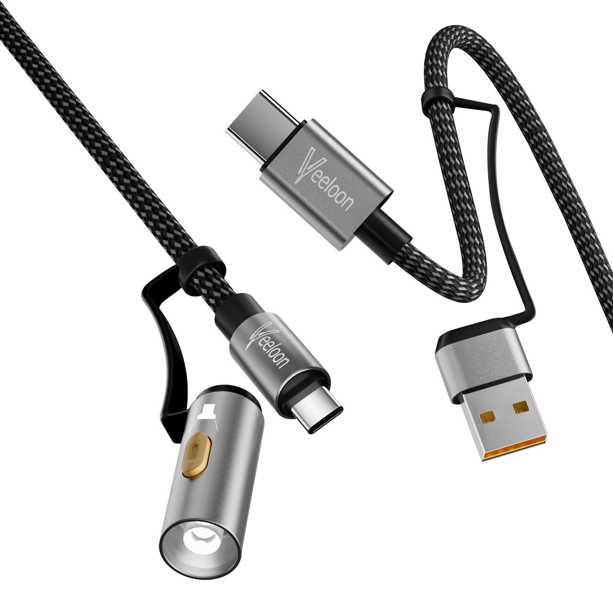 60W Fast Charging USB C Cable for iPhone 17 4 FT,4 in 1 USB C to Type C/A Braided Multi Charger Data Cord 480Mbps with Flashlight,for iPhone 17/16/iPad//MacBook Pro,Outdoor/Travel Cable