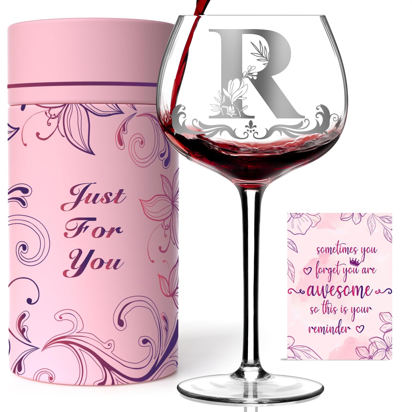 Personalized Monogram Gifts for Women - Customized Initial A-Z Wine Glass, Unique Birthday Gifts Wedding Gifts for Women, Mom, Wife, Sister, Daughter, Friend (Letter R)