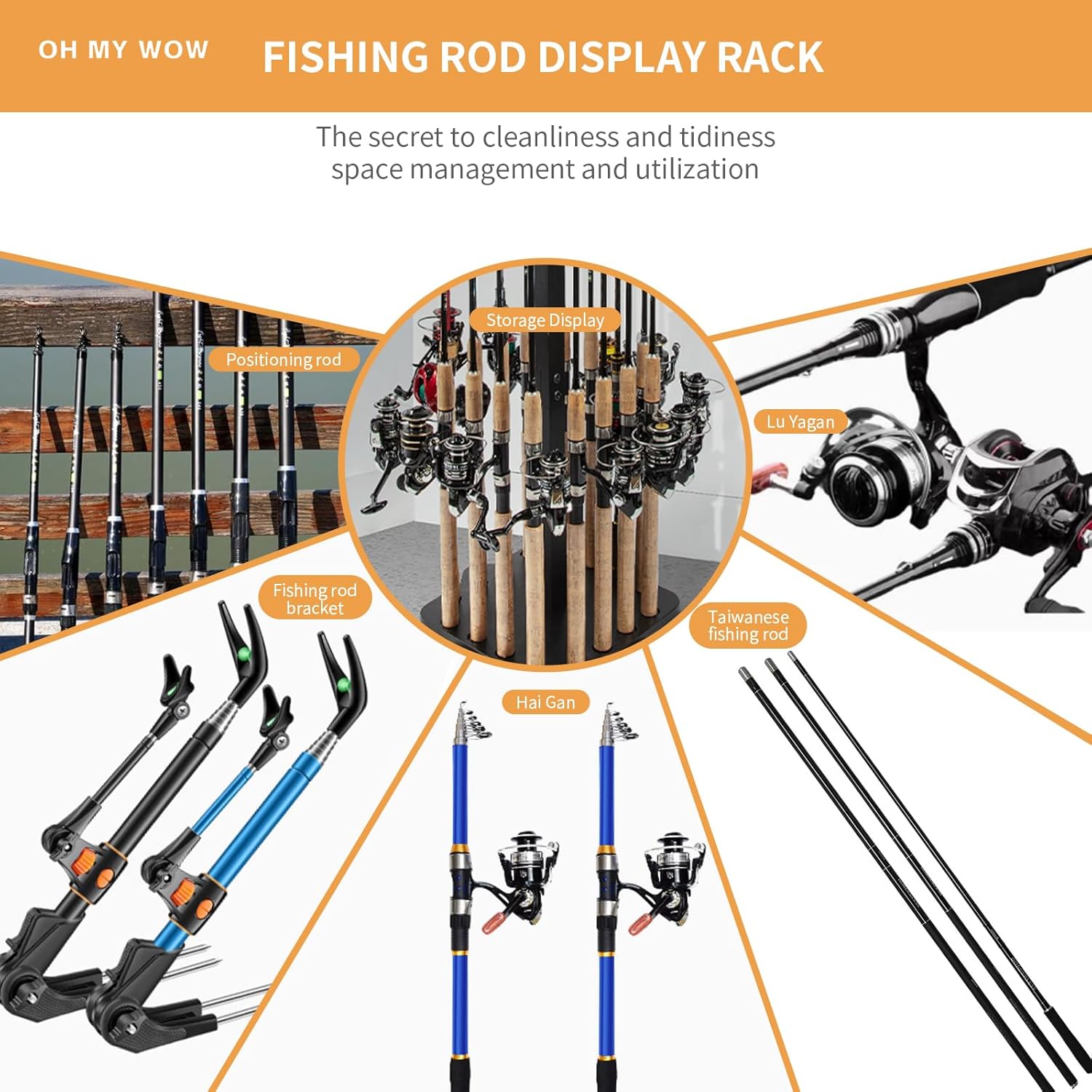 OH MY WOW Fishing Rod Holder 360° Rotating Portable Rack Organizer for Storage 16 Rod for Garage Boat, Truck, Ground