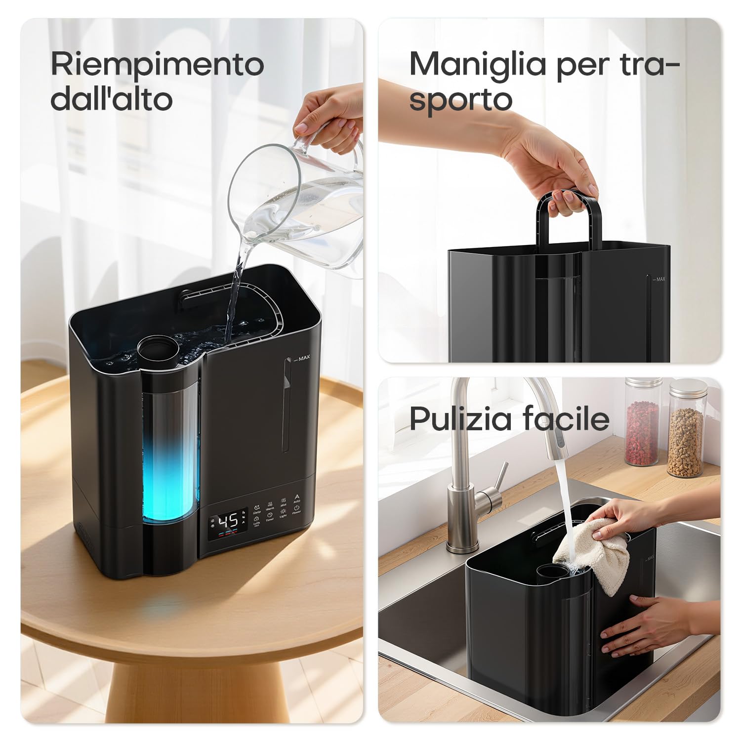 AROEVE 8L Umidificatore Ambiente, Umidificatore Nebbia Calda & Fredda per Ambienti Grandi, Caricamento dall'Alto, Diffusore Aromi, Sensore Umidità, 60H/22dB Silenzioso per Bambini Stanza Bimbi Piante