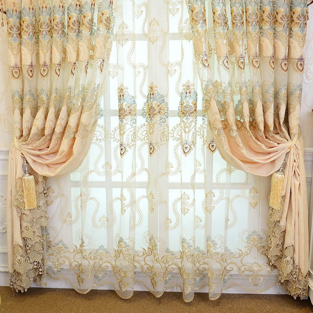 Gxi Floral Embroidery Sheer Curtain Drapes 102 Inches Long for Living Room Sliding Glass Door European Luxury Grommet Tulle Curtain Voile Window Treatments Set of 2 Panels ，Beige W75 x L102 inch