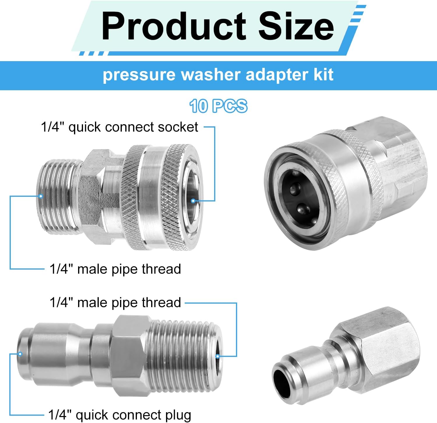 10pcs Pressure Washer Fast Connect, 1/4in Washer Wand Release Adapter Set Male & Female Thread Quick Disconnect Coupler Fittings Stainless Steel Power Washer Kit Accessories for Hose Pump (Silver)