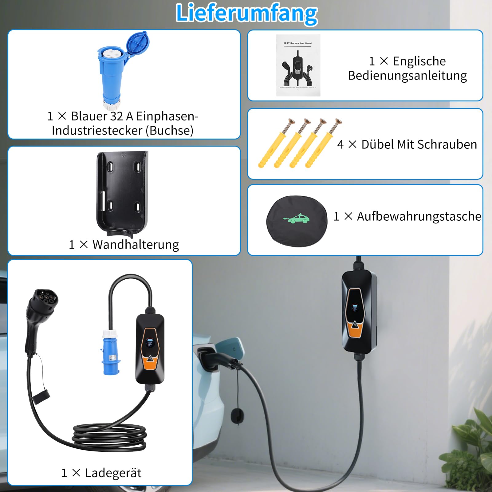 Type 2 EV Ladegerät 7KW, 6A/8A/10A/13A/16A/24A/32A Einstellbar,5m Ladekabel Dreiphasig, Tragbare Mobile Wallbox mit App-Steuerung für Fernzugriff&Ladezeitvorwahl, mit CEE Stecker, IP54 Schutz