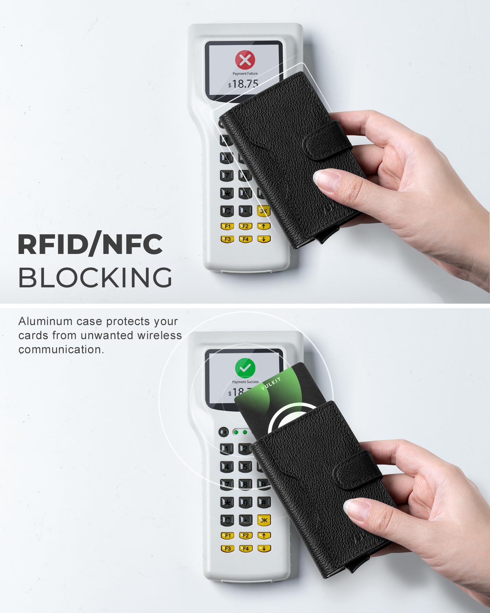 VULKIT Kartenetui Herren & Damen RFID Schutz Kreditkartenetui Metall mit 3 Kreditkarte Fächern und 1 Ausweisfenster Klein Geldbörse Herren Echtes Leder mit Magnetverschluss, Litchi Schwarz