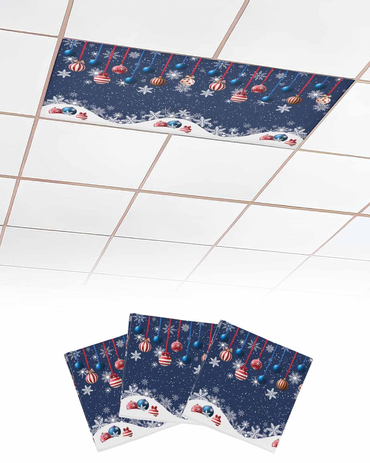 EwdeWwo Christmas 3 Pcs Fluorescent Light Covers for Ceiling Lights, Xmas Ornament Ball Snowflake Denium Blue Magnetic Light Filters for Eliminate Harsh Glare Classroom Office Decoration, 4 x 2 Ft