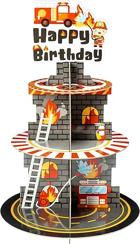 Haooryx Decoración de fiesta de bomberos, soporte de 3 niveles, torre de cartón, torre de cartón para postres de feliz cumpleaños, bandeja de
