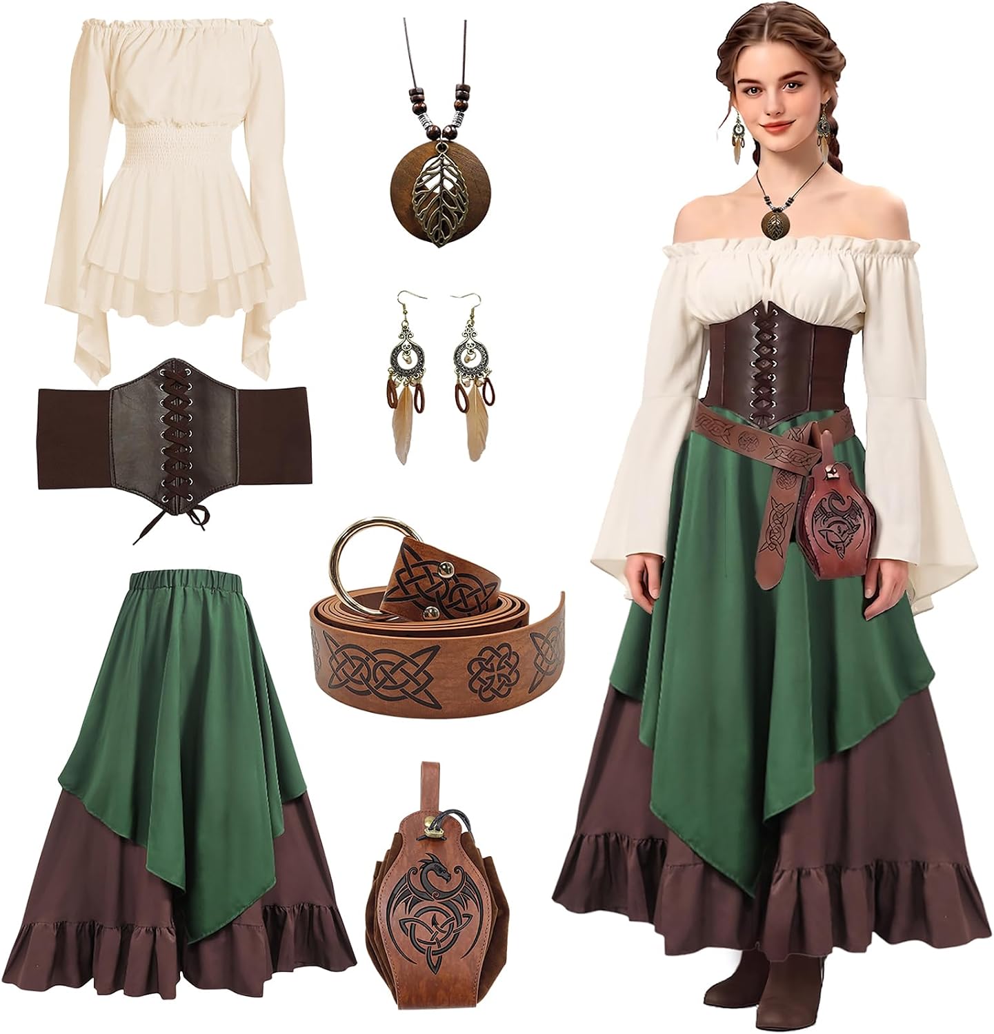 TOLOYE Medieval Costume Women Renaissance Dress Vintage Blouse Top Skirt with Renaissance Accessories Medieval Cosplay Outfit