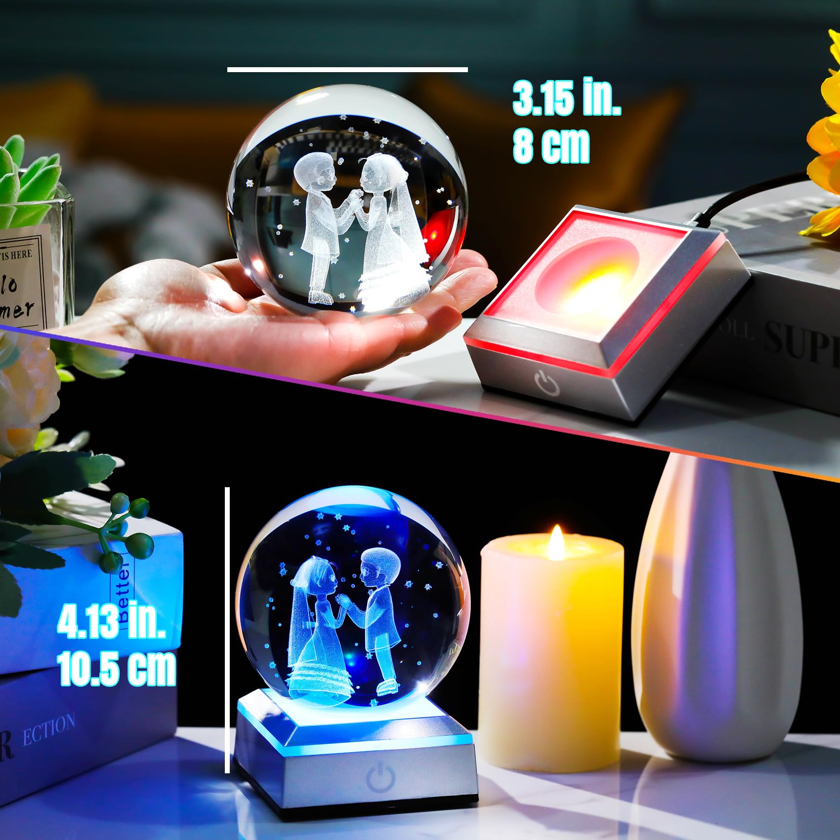 Movdyka Crystal 3D Wedding Couple and Stars Ball 3.15in with LED Lights Gifts for Bride and Groom Decorative Glass Ornaments Sweet Newlyweds Engraving Married Anniversary Presents for Partner - Image 3