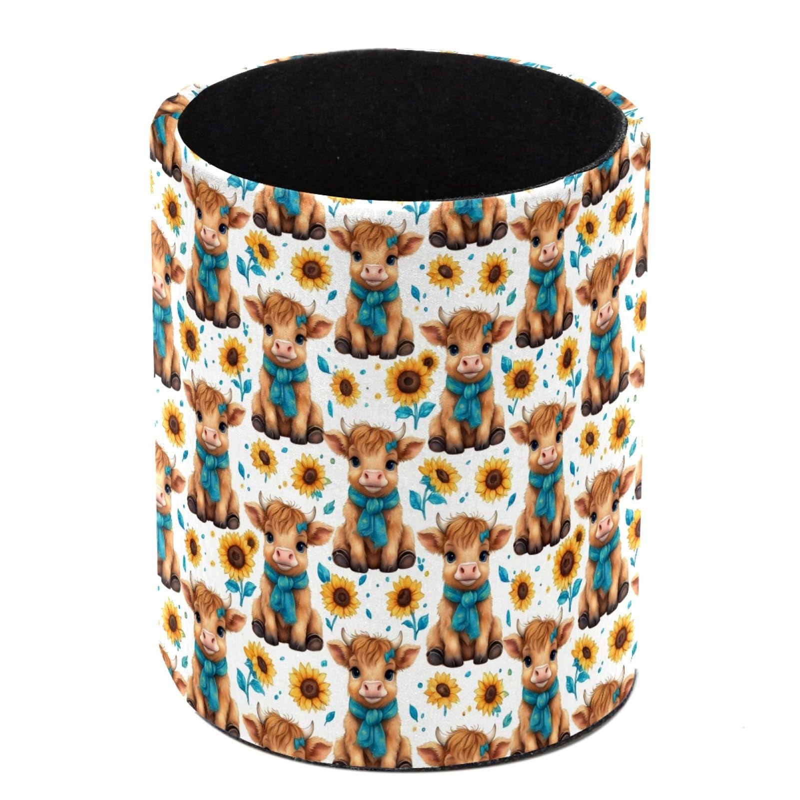 HEOEH Highland Cow Sunflower Pen Holder for Desk, PU Leather Pencil Holder Pen Cup Marker Holder Makeup Brush Holders, Desk Accessories & Workspace Organizers for Home, Office