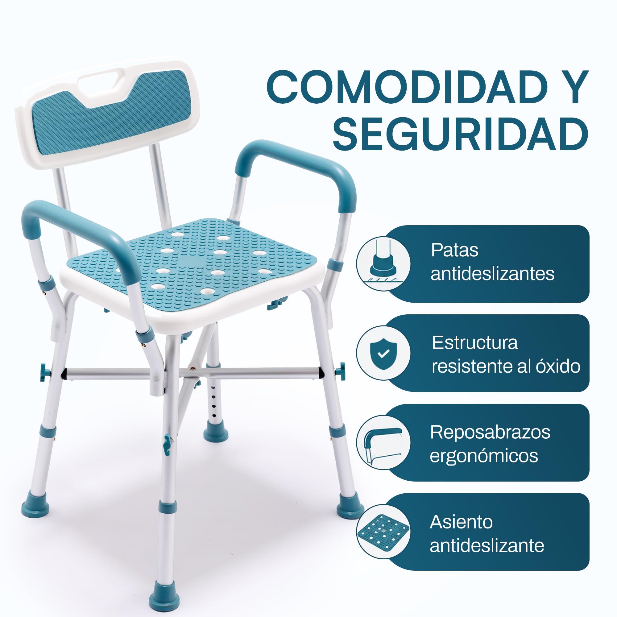 Silla de ducha con respaldo y reposabrazos, taburete de ducha ajustable en altura para personas mayores, asiento de ducha antideslizante con respaldo extraíble, taburete de baño para ducha y