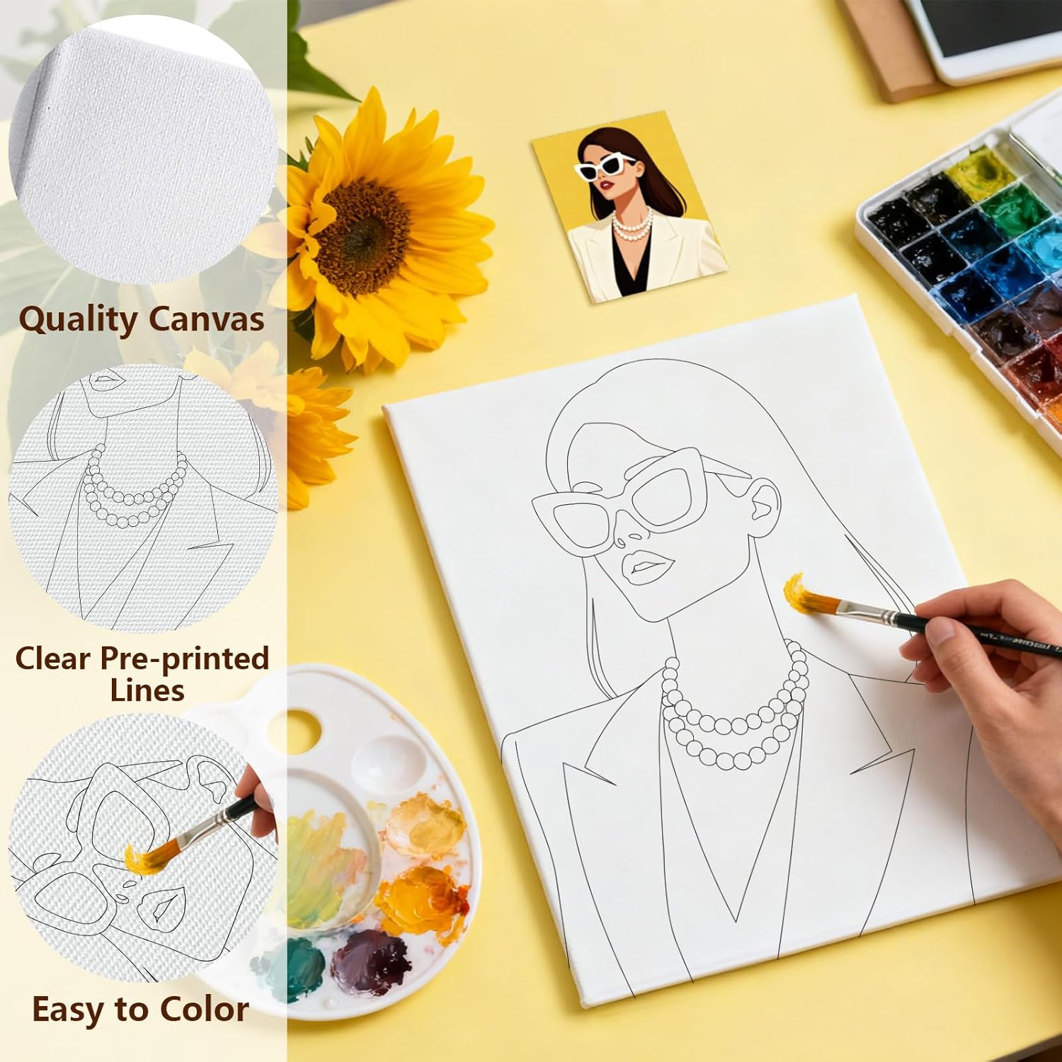 MAYJOYDIY 12 Pcs Modern Woman Pre Drawn Canvas to Painting Fashion Lady Pre Printed Canvas for Adults 9.8×7.9inch Cat-Eye Sunglasses DIY Paint Art Board Supplies for Beginners, Party Favor