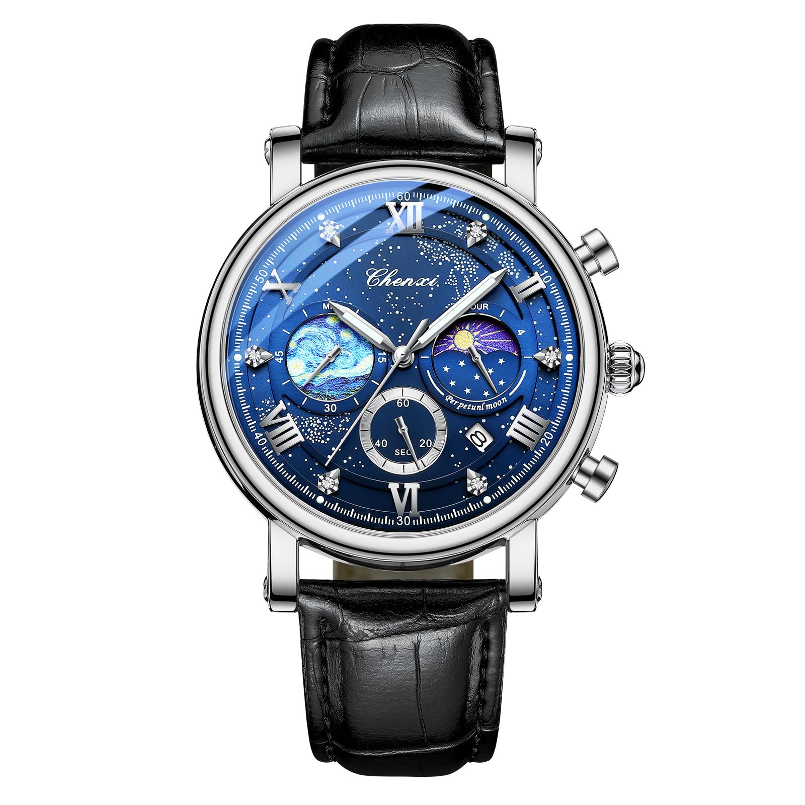 JewelryWe Orologio da Polso da Uomo in Pelle: Orologio da Polso Impermeabile Multifunzione Quadrante con Decorazione Notturna Van Gogh Starry Night con Cronografo e Calendario