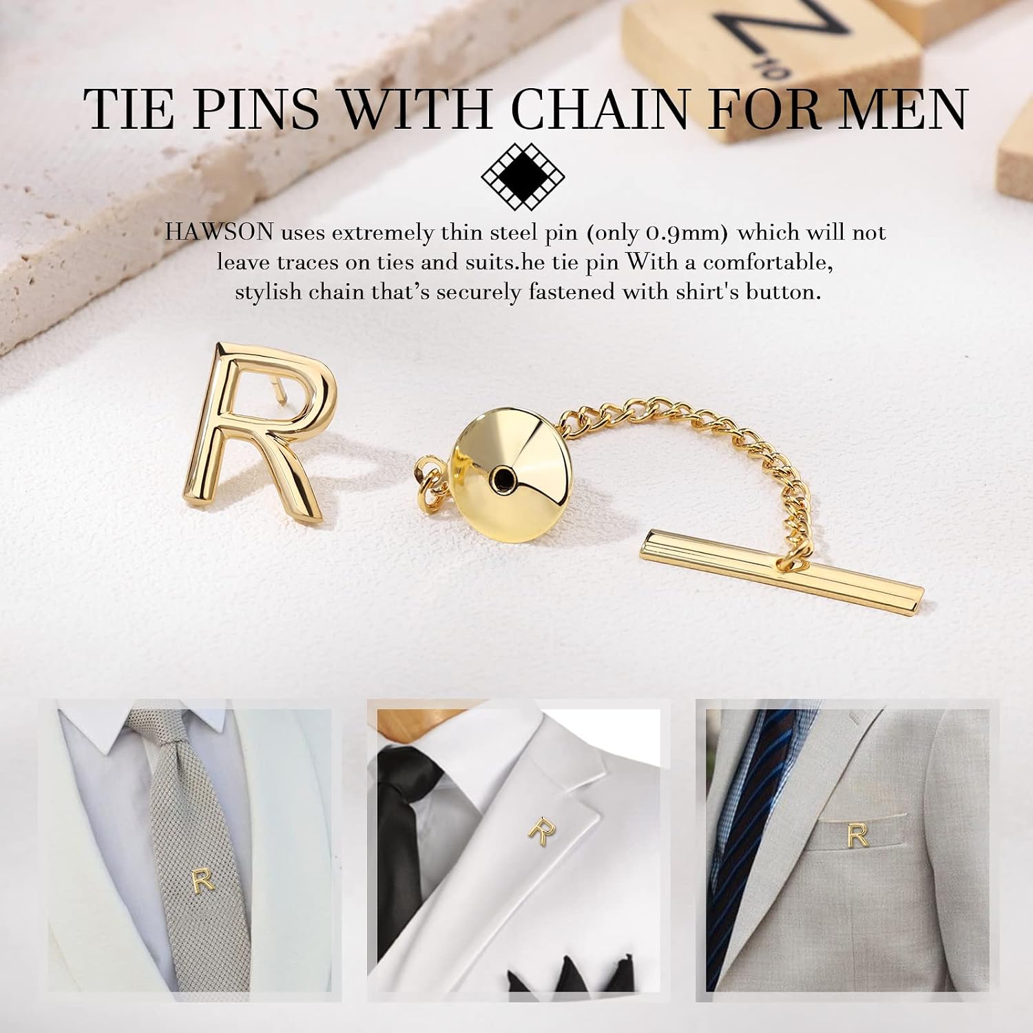 HAWSON Cufflinks for Men, Tie Clips for Boys, Tie Pin for Men, Gold Color Jewelry Set, Boxed Gift Packing, Initial Letter Jewelry for Him