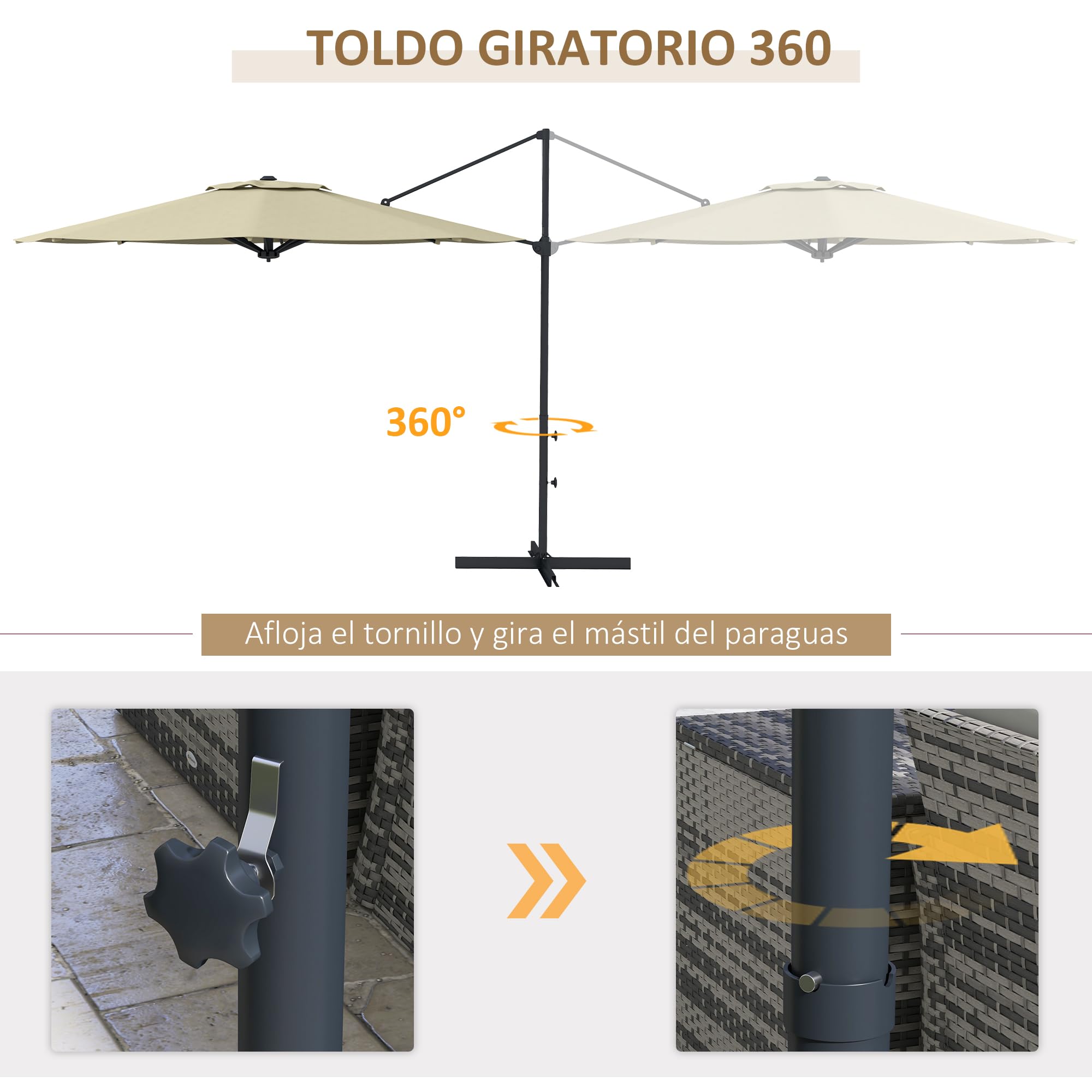 Outsunny Sombrilla de Jardín Ø294x242 cm Altura Ajustable Patio Crema | Parasol de Terraza, Poste Giratorio 360°, Ángulo de Techo Ajustable, Ventilación Superior, para Piscina