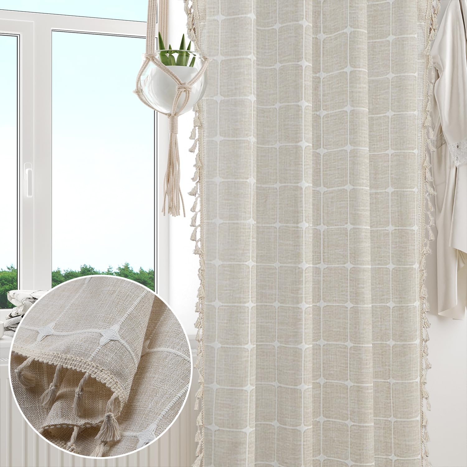 132x214cm Boho-Streifen Vorhang mit Quaste Beige Kariert,1 Stück