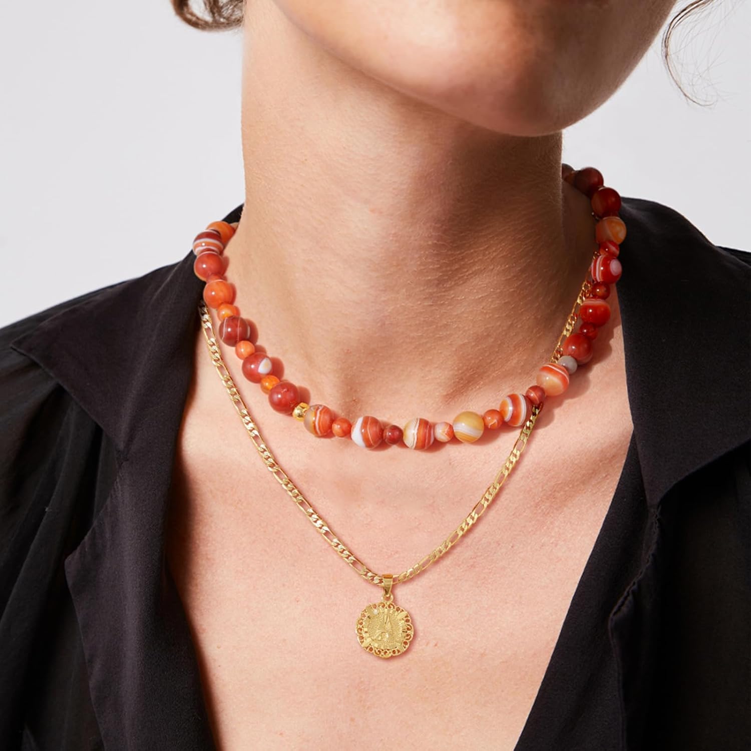 KissYan Beaded Necklaces for Women, 14K Gold Plated Natural Gemstones Choker, Boho Handmade Carnelian Red Agate Stone Ball Chain Fall Winter Jewelry Gifts - Image 3