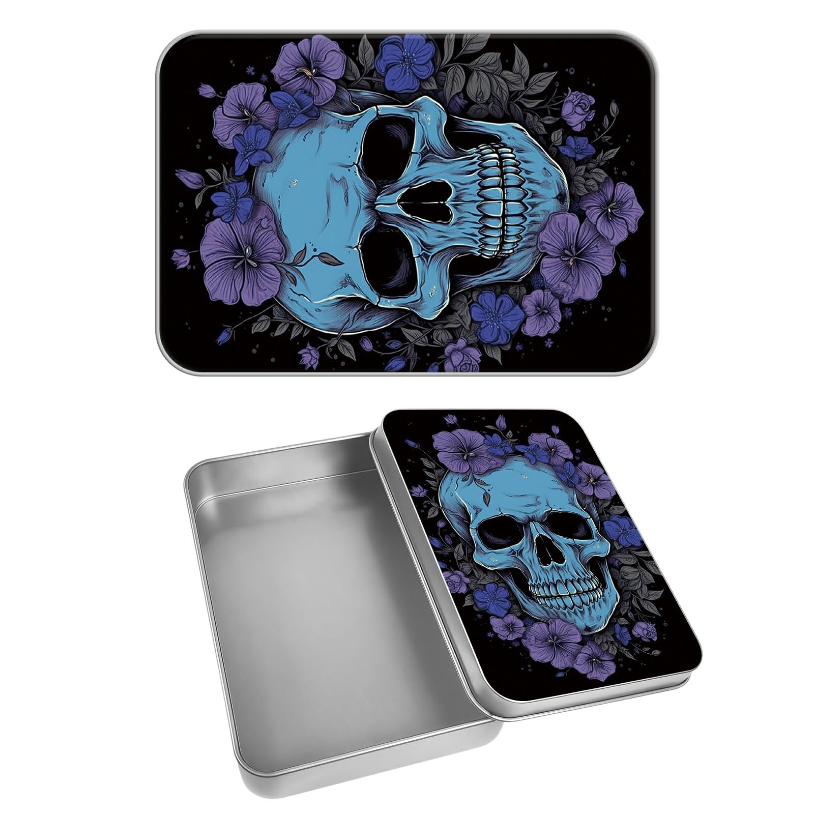 Rectangular Metal Tin Box with Removable Lid, Purple Skull Decorative Printed Metal Storage Container for Cards, Diaries, Home Organization 4.53 x 3.35 x 0.86 inch– Single Pack