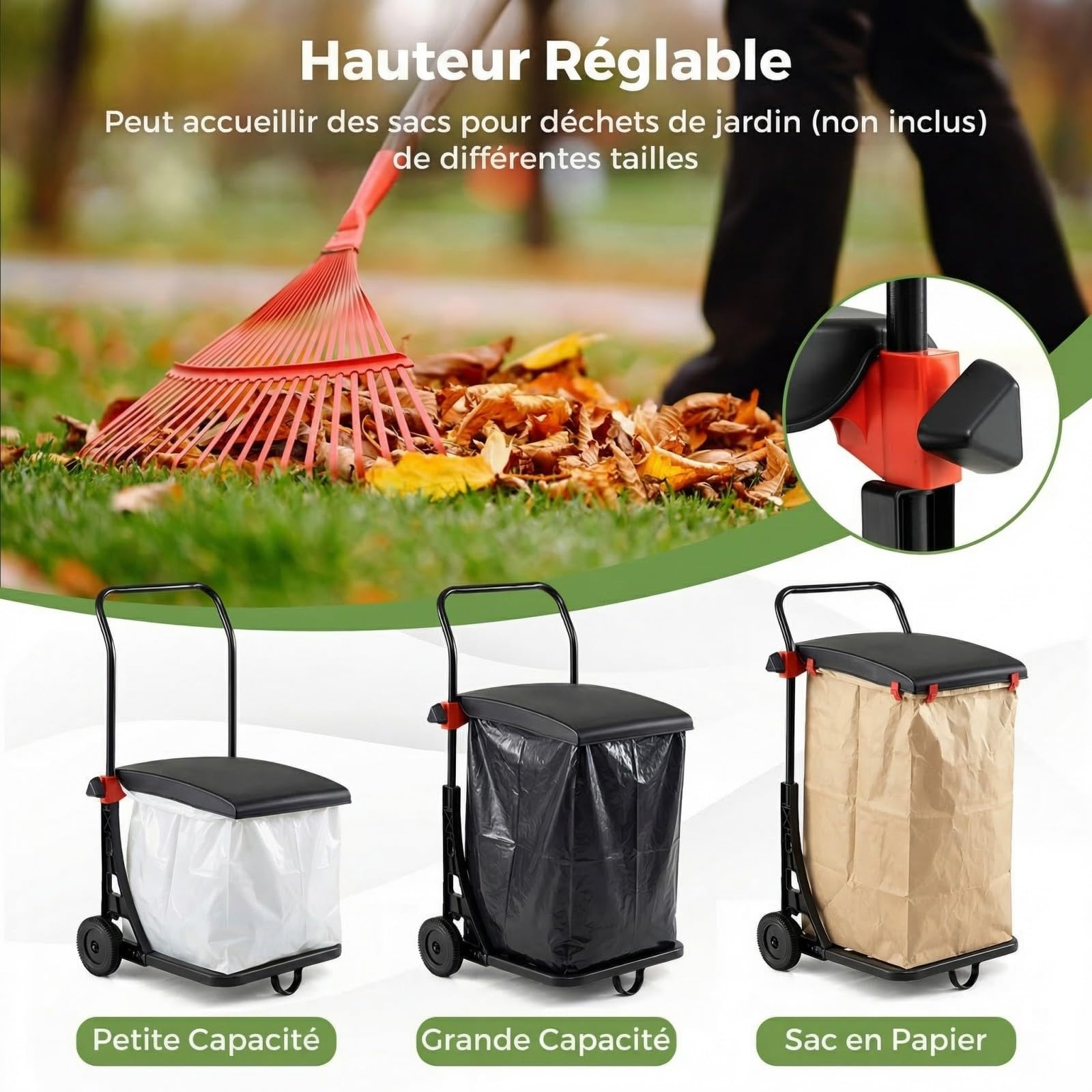 COSTWAY Chariot de Sac Poubelle de Jardin à roulettes, Porte-Sac Poubelle Support Réglable en Hauteur Couvercle Sécurisé Corde de Fixation Poignée et 2 roulettes, pour Feuilles Débris Déchets